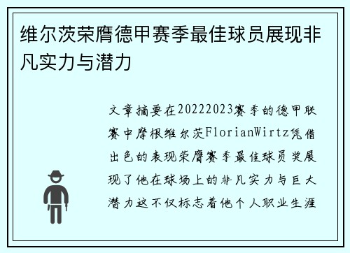维尔茨荣膺德甲赛季最佳球员展现非凡实力与潜力