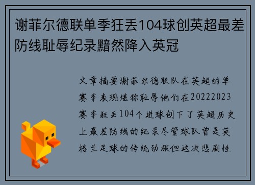 谢菲尔德联单季狂丢104球创英超最差防线耻辱纪录黯然降入英冠